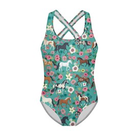 Upetstory Floral Horse Swimsuit for Girls 7-8 Kids One Piece Bathing Suit Cross Strap Swimming Active Athletic Swimwear Holiday Party Swim Suit