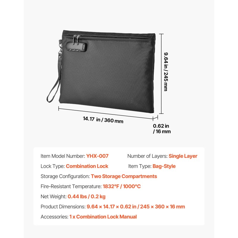 Portable Fireproof Document Bag with 1832 Fahrenheit Heat Insulated Lock