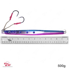 Fish WOW!® 500g Speed jig 17.5oz Fishing Vertical Knife Trolling Jig Fast Fall Metal Flat Bait with Two Assist Hook Blue Pink Silver Glow Stripes