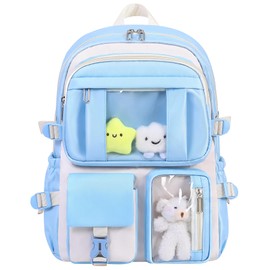 HORHEAR Kawaii Backpack for School Girls Cute Bag with Kawaii Stuff Bear Pendant Backpack Aesthetic for Kids, Light Blue, One Size, Kawaii Style