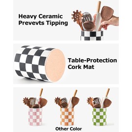 Swkien Utensil Holder，7.2 Inch Checkered Utensil Holder, Ceramic Cooking Utensil Spoon/Spatula Holder for Countertop, Kitchen Decor and Accessories for counte(Black)