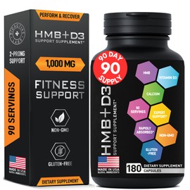 HMB Supplements with Vitamin D3 - 1,000mg Calcium Beta-Hydroxy Beta-Methylbutyrate per Serving for Muscle Growth, Strength & Recovery - 180 Gluten-Free, Non-GMO HMB Capsules, 3-Month Supply