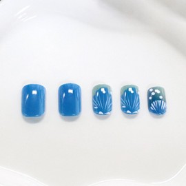 Extra Short Nails Press on Square Blue Fake Nails Petite False Nails with Shell Polka Dots Designs Summer Acrylic Nails Beach Nails Full Cover Glossy Glue on Nails for Women Girls 24Pcs