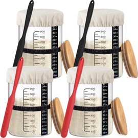 Yungyan 4 Sets Sourdough Starter Jar 34 oz Sourdough Starter Kit with Thermometer, Scraper, Cloth Cover and Bamboo Lid Wide Mouth Sour Dough Jar Container Bread Kit