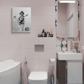 Kuphsod Dog Bathroom Decor Canvas Wall Art Beagle Dog Bathroom Print Painting Dog Sitting in Toilet Play the Guitar Picture Modern Home Decor For Bathroom Toilet Framed Ready To Hang 12x16 Inch