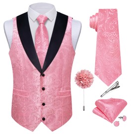 DiBanGu Mens Silk Vest and Tie Set 7PCS Paisley Suit Waistcoat and Necktie with Lapel Pin for Wedding Shawl Collar Dress Vest, Blush Pink, Medium