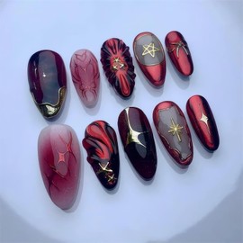 24Pcs Ombre Red Press on Nails Medium Almond Fake Nails Handmade False Nails with 3D Dark Night Starry Sky Design Glitter Acrylic Nails for Women