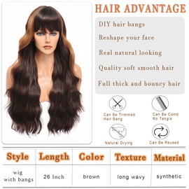 Vomella Long Dark Brown Highlights Ombre Wig 26 Inch Middle Part Lace Hairline Long Curly Wavy Wig for Women Natural Looking Synthetic Heat Resistant Fiber Wigs for Daily Party Use