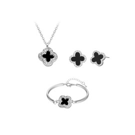 Hanaoops Four Leaf Clover Jewellery Set for Women and Girls 18K Gold Plated Stainless Steel Black Lucky Clover Rhinestone Pendant Necklace Earrings Bracelet Jewellery Set Hypoallergenic Dainty Gifts,
