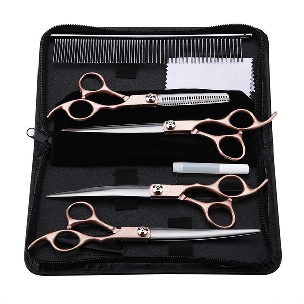 4 Pcs Pet Scissors Trimming Scissor for Pets, Trimmer, Comb, Cat and Dog, Storage Bag Included, Gold Handle, Stainless Steel, Professional Pet Grooming Beauty Set, Pet Beauty Tools, Home and Commercial Use