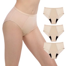 AIRCUTE AIRCUTE Washable Women Urine Incontinence Underwear Leak Proof Panties for Postpartum Bladder Leak with 50 ml Absorbency 3 Pack (Beige, M)