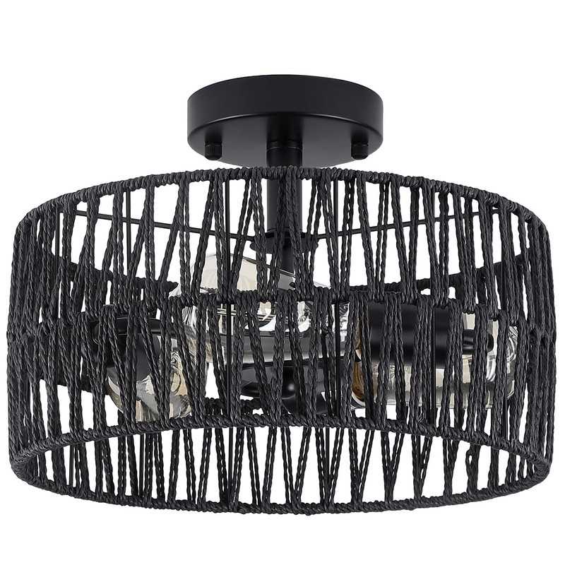 Hchunqjor 3-Light Coastal Black Woven Flush Mount Light Fixture Rustic