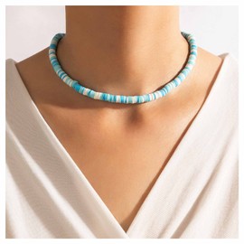 Allereya Vintage Heishi Surfer Choker Necklace Vinyl Disc Bead Necklace Choker Heishi Bead Choker Necklace Blue Heishi Vinyl Choker Necklace Jewelry for Women and Girls (Blue)