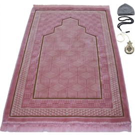 Modefa Turkish Islamic Velvet Prayer Rug - Thick & Wide Soft Praying Carpet for Men & Women - Double Plush Large Janamaz - Eid & Ramadan Gift - with Kufi, Beads & Car Hanger - Geometric Noor (Pink)