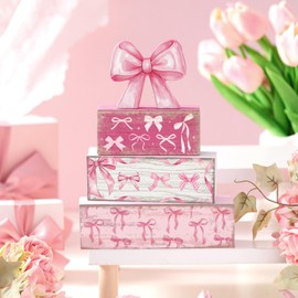 Conelist 4 Pcs Pink Bow Party Decorations Coquette Table Decor Wooden Pink Bow Block Sign Centerpieces for Table Girl Birthday Bachelorette Bridal Wedding Baby Shower Party Supplies
