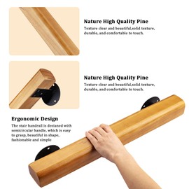 Wooden Handrail with Black Mounting Brackets, Hand Railings for Stairs Indoor Outdoor, Sturdy Safety Wall Mount Support, Non-Slip Staircase Handrail for Home Garden Corridor, Non-Slip Grip