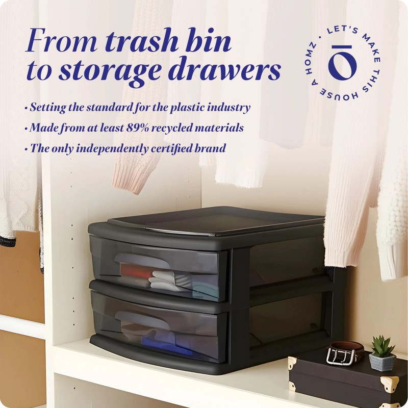 Homz Plastic 2 Drawer Medium Storage Cart, Black Frame with