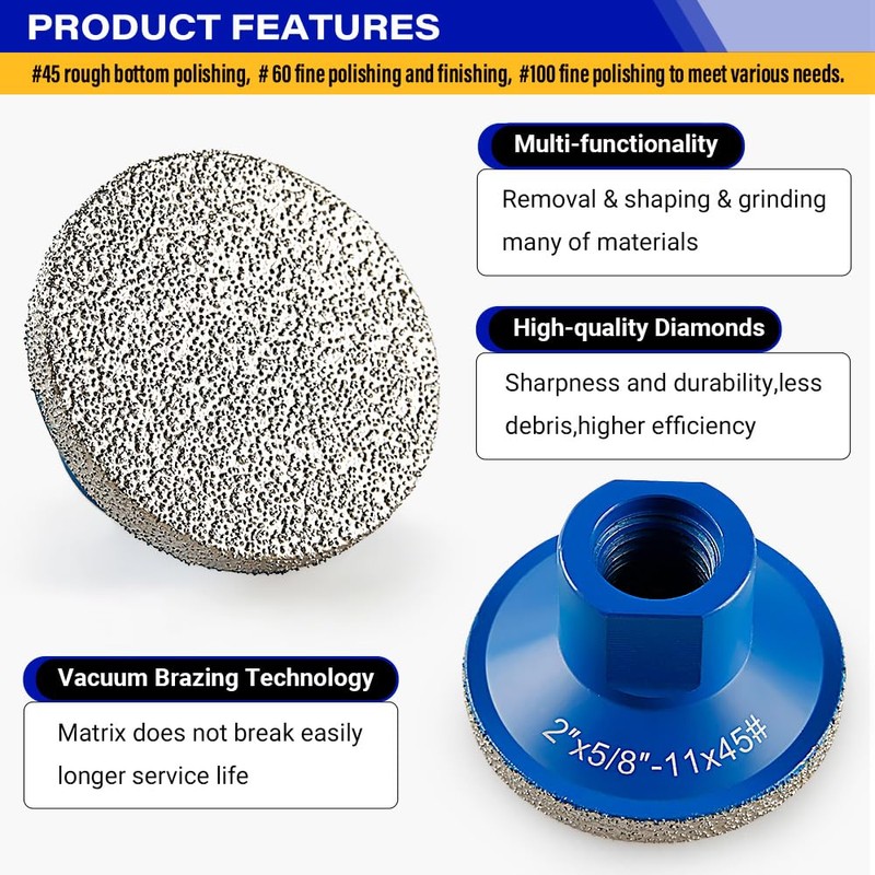 LOZLIN 3-Pack 2" Brazed Grinding Heads 5/8-11 Thread - Flat