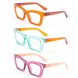 prtcslwd Reading Glasses for Women Oprah Style Oversized Square Spring Hinge Blue Light Blocking Glasses (3PC-Orange-brown/Greenish-yellow/Purple jelly, 1.75, x)