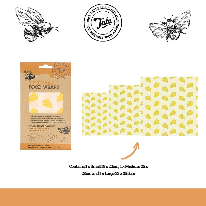 Tala Reusable Beeswax Food Wraps, Cheese Patterned Design, 3 Bags