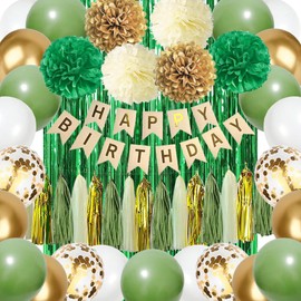 Sage Green Gold Birthday Decorations with Happy Birthday Banner, Paper Pom Poms, Paper Tassels, Green Fringe Curtain Rustic Botanical Greenery Wild Birthday Party Decor for Girls Women Adults Kids