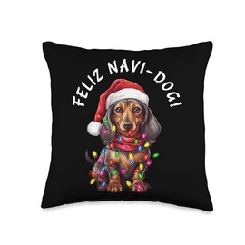 Dachshund or Weiner Saying Feliz Navi-Dog! Navidad Funny Dachshund or Weiner or Sausage Feliz Navi-Dog Throw Pillow, 16x16, Multicolor
