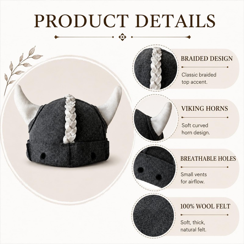 100% Wool Sauna Hat, Felt Viking Cap, Heat Protection Gray
