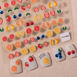 5D Embossed Fruit Nail Art Stickers Summer Fruit Nail Decals 1PCS Orange Lemon Strawberry Blueberry Summer Nails Design Adhesive Sticker Manicure Sliders Accessories for DIY Women Nail Art Decorations