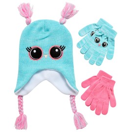 ABG Accessories Girls Critter Winter Hat and 2 Pair Gloves or Mittens (Toddler/Little Girls), Size Age 4-7, Owl Aqua-pnk Gloves