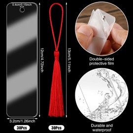 30Pcs Acrylic Bookmark Blanks Clear Acrylic Craft Bookmark Unfinished Acrylic Bookmark with 30Pcs Colorful Tassels for DIY Projects, Gift Tag, Graduation Gift