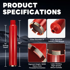 DaduoRi Premium 3" Wet Core Drill Bit for Hard Concrete with High-Density Diamond, Precision-Welded Segments, 1-1/4"-7 UNC x 14" Depth, Industrial Grade for Concrete Rebar, Brick, Masonry, Asphalt