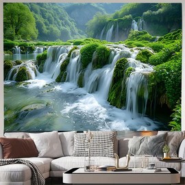FENDROM Green Misty Forest Wall Tapestry Jungle Mountain Waterfall Nature Tapestry Tree Tapestries for Bedroom Living Room Dorm Decor