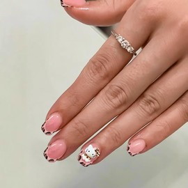 MouYou Press On Nails Short, Square Cute Kawai Nude Leopard French 3D Kitty Design Y2K Coquette Fake Nails Full Cover Artificial Nails with Nail Glue, Sweet Cartoon Artificial Fingernails Pack of 24