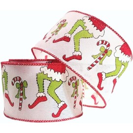2.5" Wide Wired Tiptoeing Furry Monster Legs Christmas Ribbon Featuring a Santa Suit, Candy Canes, and Glitter Embellishments (10 Yards)