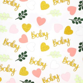 Vofrise 200PC Greenery Baby Shower Confetti Pink and Sage Green Baby Shower Decorations for Girl Eucalyptus Hearts Table Scatters for Its a Girl Party Decor Supplies