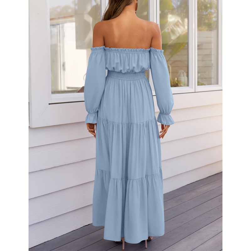ZESICA Women's 2025 Boho Sexy Off Shoulder Long Sleeve Smocked