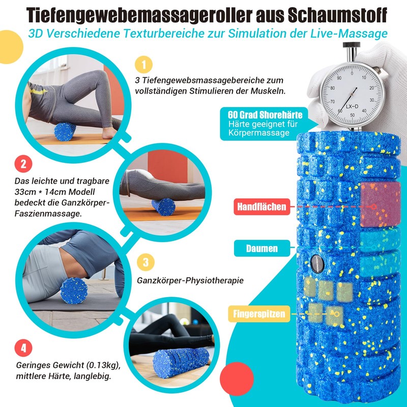 Fascia Roller with 3D Texture Massage, Foam Roller (33 cm