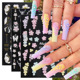 3 Sheets 5D Embossed Flower Nail Stickers Yellow Pink Purple Blue Floral Nail Decals Self-Adhesive Butterfly Nail Design Rose Flowers Petal Chain Nail Art Stickers for Women Girls Nail Art Decoration