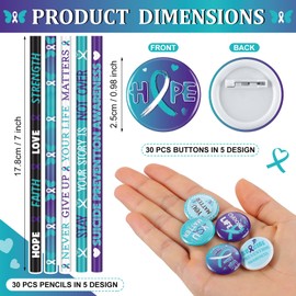 Ferreve 90 Pcs Suicide Prevention Awareness Teal Purple Ribbon Favors Set Include 30 Pencil 30 Wristband 30 Badge Button for Reward First Day Back Birthday Awareness Firefighter Party Supply