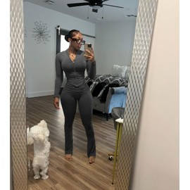 Nimsruc Two Piece Outfits For Women Workout Set Long Sleeve Tracksuit Zip Up Sweatsuits Bodcyon Matching Sweat Pants Sets Dark Grey L