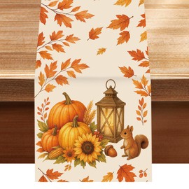 Autumn Decoration Linen Table Runner - Pumpkin & Maple Leaves Motif, Autumn Decoration Indoor for Living Room, Kitchen, Dining Room, Party, Washable & Reusable (180 cm)
