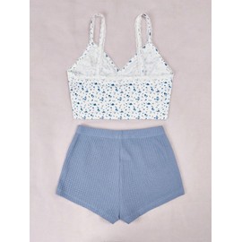 SweatyRocks Women's Summer Contrast Lace Floral Print Cami Top and Shorts Sleepwear Pajamas Set Blue and White S