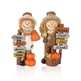 GoGnome 2-Pack Thanksgiving Scarecrow Figurines with Inspirational Autumn Plaques - Durable Resin 5.5'' Thanksgiving Table Decor - Fall Decorations Indoor Outdoor Harvest Gifts (Scarecrows)