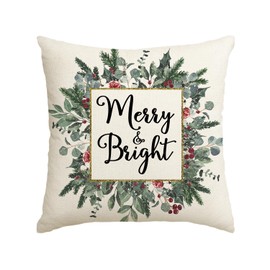 AVOIN colorlife Christmas Merry & Bright Eucalyptus Mistletoe Throw Pillow Cover, 16 x 16 Inch Winter Holiday Cushion Case Decoration for Sofa Couch