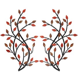 Meltset Metal Tree Leaf Wall Decor, Vine Olive Leaf Branch Wall Art, Wrought Iron Scroll Artwork, Decorative Wall Sculptures Above The Bed, Living Room, Hallway, Indoor and Outdoor（S/Red）