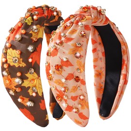 IDDFEVE 2Pcs Fall Leaves Headbands for Women - Thanksgiving Day Rhinestone Knotted Hair Hoops, Autumn Orange Brown Maple Leaves Crystal Pearl Accessory for Holiday