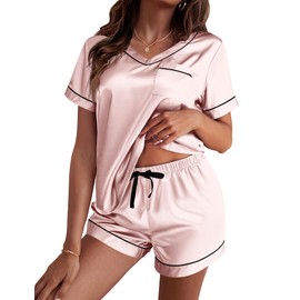 Ekouaer Silk Pajama for Women Short Sleeve Satin Pj Set Two Piece Soft Sleepwear Loungewear Casual Pjs for Summer Light Pink XXL