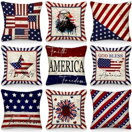 Mindsoft 9 Pcs Patriotic American Flag Pillow Covers 18 x 18 Inch 4th of July Pillow Covers Vintage Red White and Blue Pillowcase Independence Memorial Day Cushion Case for Home Sofa Couch Party Decor