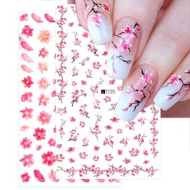 Pink Flowers Nail Art Stickers, Holographic Floral 3D Self-Adhesive Nail Sticker Design, Red Plum Peach Blossom Dry Flowers Nail Art Decals Supplies for Women Girls Manicure Spring Charms Decorations