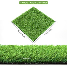Aodaer 8 Packs Artificial Grass Mat 12 x 12 Inch Squares Fake Grass Mat Synthetic Turf Patch Realistic Grass Rug Artificial Grass Tiles with Drain Hole for DIY Indoor Outdoor Decoration, Grass Green